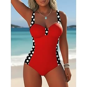 Women's One Piece Swimsuit Slimming Underwire Colorblock Briefs Elegant Vacation Polka Dot Geometic V Neck Sleeveless Bathing Suits