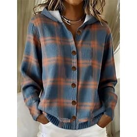 Women's Cardigan Casual Geometric Checkered V Neck Hooded Print Long Sleeve Regular Tops Knit Daily Holiday Blue Spring Fall