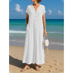 Women's Cotton Linen Maxi Dress A Line Dress Summer Dress Casual Daily Loose Fit Plain Short Sleeve V Neck Blue Black White Camel Summer