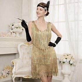 Roaring 20s 1920s Mini Dress Wedding Party Bachelor Party Sleeveless The Great Gatsby Wedding Guest Sequins Tassel Fringe Sequin Tassel V Neck Fancy Dress Wome