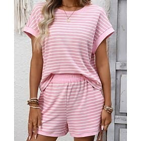 Women's Shorts Sets Bolero Short Sleeve Crew Neck Striped Active Streetwear Daily Outdoor Vacation Black Pink Green Summer Regular Fit