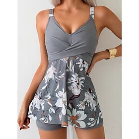 Tankini Feminino 2 Peças Maiô Boy Leg Controle de Barriga Alto Slim Sem Costas Moda Praia Floral V Neck Sem Mangas
