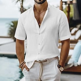 Men's Linen Shirt Summer Shirt Beach Wear Button Up Shirt Plain Casual Vacation Black White Light Green Pink Short Sleeve Turndown Summer Clothing Apparel
