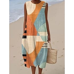 Robe midi en lin pour femmes robe de soleil robe à shift robe trapèze vacances décontractées boho plage sortie coupe ample graphique géométrique abstrait sans