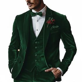 Pour des hommes Smoking Costume en velours Soirée Noir Vert Hiver Costume / Tailleur Revers en Pointe Mode Occasionnel Couleur Unie Coupe sur mesure 3 pièces S