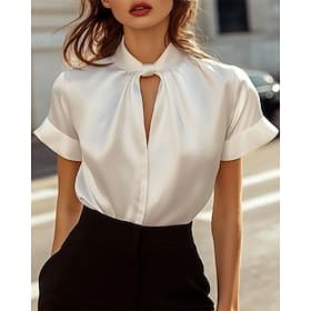 Women's Shirt Elegant Satin Top Blouse Ruched Patchwork Draped Solid Color Plain Elegant Vintage Daily Short Sleeve High Neck Regular Tops Daily Work Holiday B