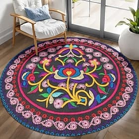 Area Rug, 2D Flat Print, Vibrant Bohemian Floral Round Area Rug, Colorful Mandala Bedroom Decor, Non-Slip Floor Mat for Living Room and Hallway