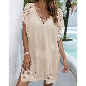 Women's Swimwear Cover Up Swim Dress Swimsuit Cut Out Vacation Beach Wear Solid Color V Neck Short Sleeves Bathing Suits