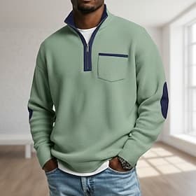 Herren Waffel T-Shirt T Shirt Waffel-Henley-Hemd Herrenhemden mit Ellbogenflicken Langarm Hoher Ausschnitt Halber Reißverschluss Herbst Winter Einfarbig Patchw
