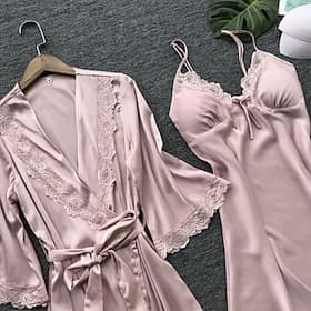 Women's Pajamas Robe Nightgown Casual Soft Satin Pure Color Lace Patchwork Home Bed Half Sleeve V Neck Silver Yellow Pink Wine Summer Loose Fit