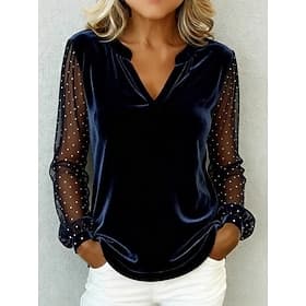 New Year Women's Velvet Polka Dot Elegant Vintage Long Sleeve V Neck Regular Tops Daily Wedding Guest Holiday Blue Black Pink Wine Gold Fall Winter