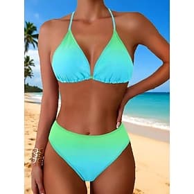 Women's Bikini 2 Piece Swimsuit Briefs Tummy Control High Waist Slim Backless Vacation Beach Wear Ombre Halter Neck Sleeveless Bathing Suits