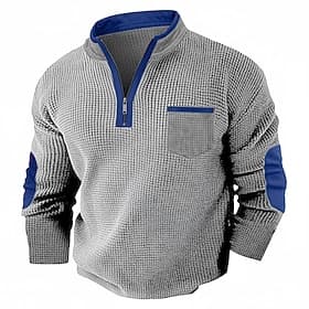 Men's Waffle T-shirt T Shirt Waffle Henley Shirt Long Sleeve Half Zip Fall Fall  Winter Solid Color Patchwork Traditional / Vintage Casual Patchwork Color Bloc