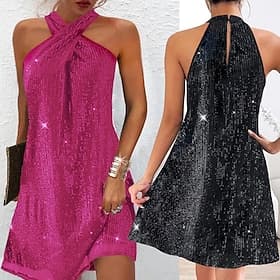 Valentine's Day Women's Mini Dress Halter Dress Off The Shoulder Dress Elegant Party Cocktail Outdoor Party Wedding Guest Sequins Patchwork Regular Fit Solid C