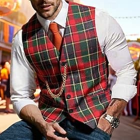 Men's Vest Waistcoat Gilet Outdoor Carnival Party Office / Career Fashion Streetwear Spring Fall Buttons Polyester Woven Breathability Plaid Single Breasted V