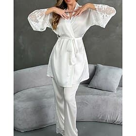 Women's Pajamas Loungewear Fashion Casual Comfort Pure Color Satin Silky Pajamas Pyjamas Ruched Lace up Pant Home Vacation Street Long Sleeve V Neck Black Whit