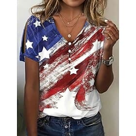 Independence Day Patriotic Women's T Shirt Graphic Flag Stylish Classic Modern Short Sleeve V Neck Regular Tops Daily Weekend Print Blue Summer Spring