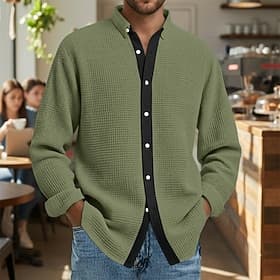 Men's Shirt Waffle Shirt Casual Shirt Button Up Shirt Blue White Wine Green khaki Long Sleeve Color Block Lapel Casual Daily Clothing Apparel Fashion Modern Ca