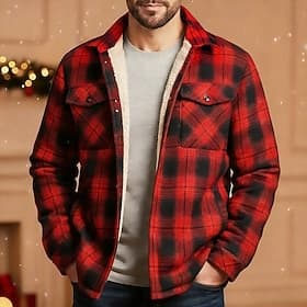 Men's Winter Coat Shirt Jacket Fleece Jacket Daily Outdoor Thermal Warm Pocket Fall Winter Plaid Streetwear Daily Turndown Regular Red Orange Green Jacket