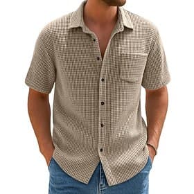 Men's Shirt Waffle Shirt Texture Casual Shirt Button Up Shirt Blue Black Green khaki Short Sleeve Plain Lapel Casual Daily Pocket Clothing Apparel Fashion Mode