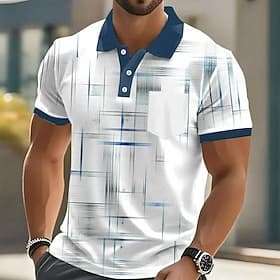 Men's Geometic Line Polo Short Sleeve Polo Shirts Collared Shirts Business Casual Outdoor Athleisure Daily Wear Pocket 3D Print Buttons Summer Blue Black And W