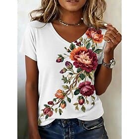 Damen T Shirt Druck Rose Stilvoll Lässig Kurzarm V Ausschnitt Normale Oberteile Täglich Schwarz Weiß Rosa Sommer