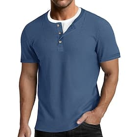 Men's Waffle Henley Shirt Tee Cotton Blend T-Shirt Short Sleeve Color Block Plain Fashion Designer Casual Color Block Buttons Fake two piece Crew Neck Henley C