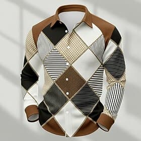 Herren Geometrisch Farbblock Patchwork Hemd Waffelhemd Freizeithemd Langarm Modisch lässig Alltagskleidung Ferien Sommer Frühling Umlegekragen 3D-Druck Struktu