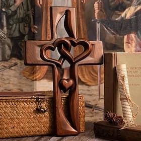 Intertwined Hearts Wooden Cross, Romantic Handcrafted Gift, Engravable Design, Perfect for Weddings, Anniversaries, or Special Occasions, Elegant Religious Hom