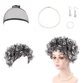 Old Lady Wig with Pearl Necklace Earrings Set for Women Girls Grandma Cosplay 100 Days of School Costume Halloween Party Accessories