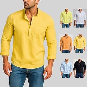 Men's Shirt Linen Shirt Popover Shirt Summer Shirt Beach Shirt Plain Casual Vacation Black White Light Green Brown Long Sleeve Band Collar Summer Spring Clothi