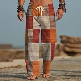 Herren Geometrisch Farbblock Patchwork Hose Freizeithose Baggy-Hosen Mittlere Taille Mode Heim Outdoor Urlaub Elastischer Kordelzug in der Taille Leinenähnlich