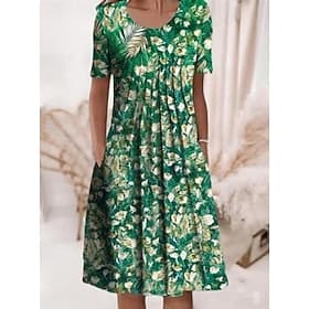 Women's Midi Dress Linen-feel Dresses Shift Dress Casual Dress Summer Dress Fashion Modern Daily Beach Weekend Regular Fit Floral Short Sleeve Crew Neck Blue W thumbnail 2