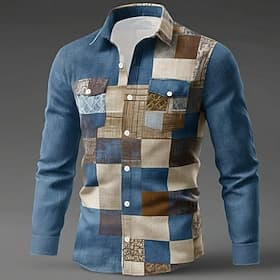 Men's Geometric Color Block Patchwork Shirt Button Up Shirt Long Sleeve Fashion Casual Outdoor Dailywear Spring Fall Turndown Front Two Pockets Linen Like Shir