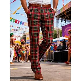 Men's Trousers Dress Pants Chinos Plaid Full Length Casual Business Carnival Fashion Stylish Red
