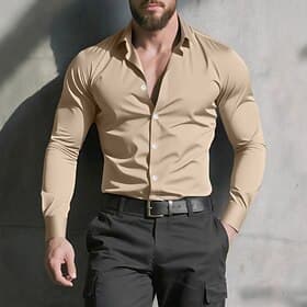 Men's Shirt Dress Shirt Button Up Shirt Plain Daily Business Black White Navy Blue khaki Long Sleeve Turndown All Seasons Clothing Apparel Patchwork