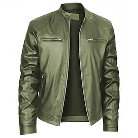 Men's Faux Leather Jacket Biker Jacket Motorcycle Jacket Vacation Daily Windproof Warm Zipper Fall Winter Plain Fashion Classic Stand Collar Regular Black Red