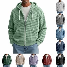 Men's Hoodie Full Zip Hoodie Waffle Hoodies Light Grey Hooded Plain Zipper Textured Casual Daily Sports  Outdoor Polyester Streetwear Cool Sportswear All Seaso