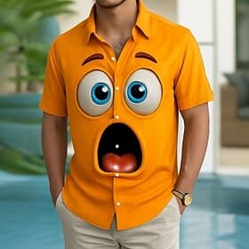 Men's Optical Illusion 3D Cartoon Smile Face Shirt Button Up Shirt Short Sleeve Funny Outdoor Holiday Summer Spring Turndown 3D Print Collared Shirts Yellow Da