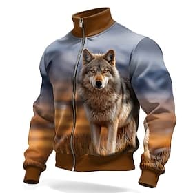 Men's Animal Wolf 3D Print Jacket Sweatshirt Fashion Daily Tactical Hunting Stand Collar Outdoor Streetwear Party Brown Brown 2 Brown 3 Zip Up Spring Fall Desi