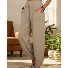 Women's Cotton Linen Pants Chinos Summer Pants Harem Pants Streetwear Casual Full Length Medium Waist Floral Plain Pocket Elastic Waistband Comfy Comfort Inela