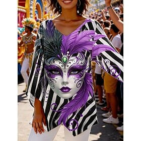 Carnival Women's Blouse Graphic Striped Abstract Vintage Stylish Casual 3/4 Length Sleeve V Neck Regular Tops Daily Holiday Print Yellow Red Purple Orange Gree