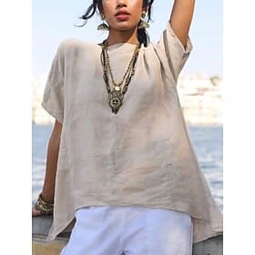 Women's Cotton Linen Shirts Solid Color Plain Vintage Cute Daily Short Sleeve Long Tops Daily Blue Orange color Green Rose Red Beige Summer Spring Fall
