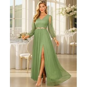 A-Line Floor Length Formal Dresses Evening Gown Mother of the Bride Dress Long Sleeve V Neck Elegant Vintage Party Formal with Pleats Split Front