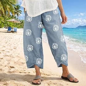 Femmes Pantalon en coton et lin Culottes Jambe Large Chinos Pantalon d'été Vacances Streetwear Basique Longueur complète Taille moyenne Fleuri Taille Élastique