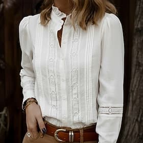 Women's Blouse Ruffle Eyelet Buttons Plain Elegant Vintage Cute Long Sleeve High Neck Regular Tops Daily Work Holiday White Spring Fall