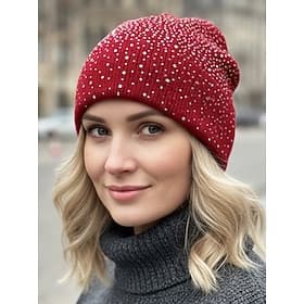 Women's Knitted Polyester Beanie Hat, Rhinestone Decor, Available in Multiple Colors, Perfect for Winter Fashion