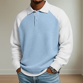 Men's Waffle Polo Shirts Outdoor Causal Lapel Long Sleeve Fashion Modern Solid Color Knitted Spring   Fall All Seasons Loose Fit Black Navy Blue Purple Gray Li