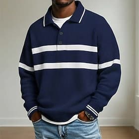 Men's Horizontal Stripes Waffle Polo Shirts Rugby Polo Rugby Polo Shirts Long Sleeve Polo Shirts Lapel Sportswear Casual School Athleisure Daily Wear 3D Print