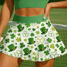 St. Patrick Women's Clover Casual Skirt Tennis Skirts Stylish Printing UV Protection Elastic Tennis Pickleball Running Bottoms Green Tennis Clothing